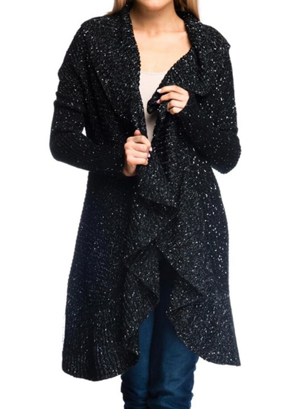 Soft Surroundings Black Metallic Ruffle Open-Front Cardigan